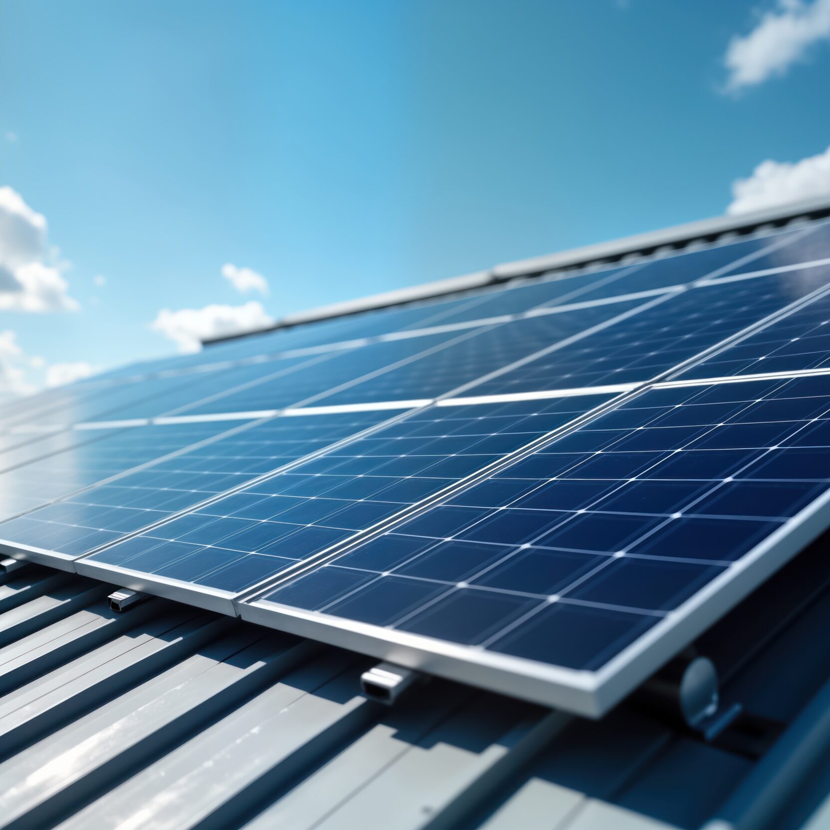 Solar panels installed on building roof under clear sky. Modern energy tech with eco-friendly approach. Renewable energy system. Photovoltaic panels installed outdoor on metal roof. Clean energy D&S HAustechnik