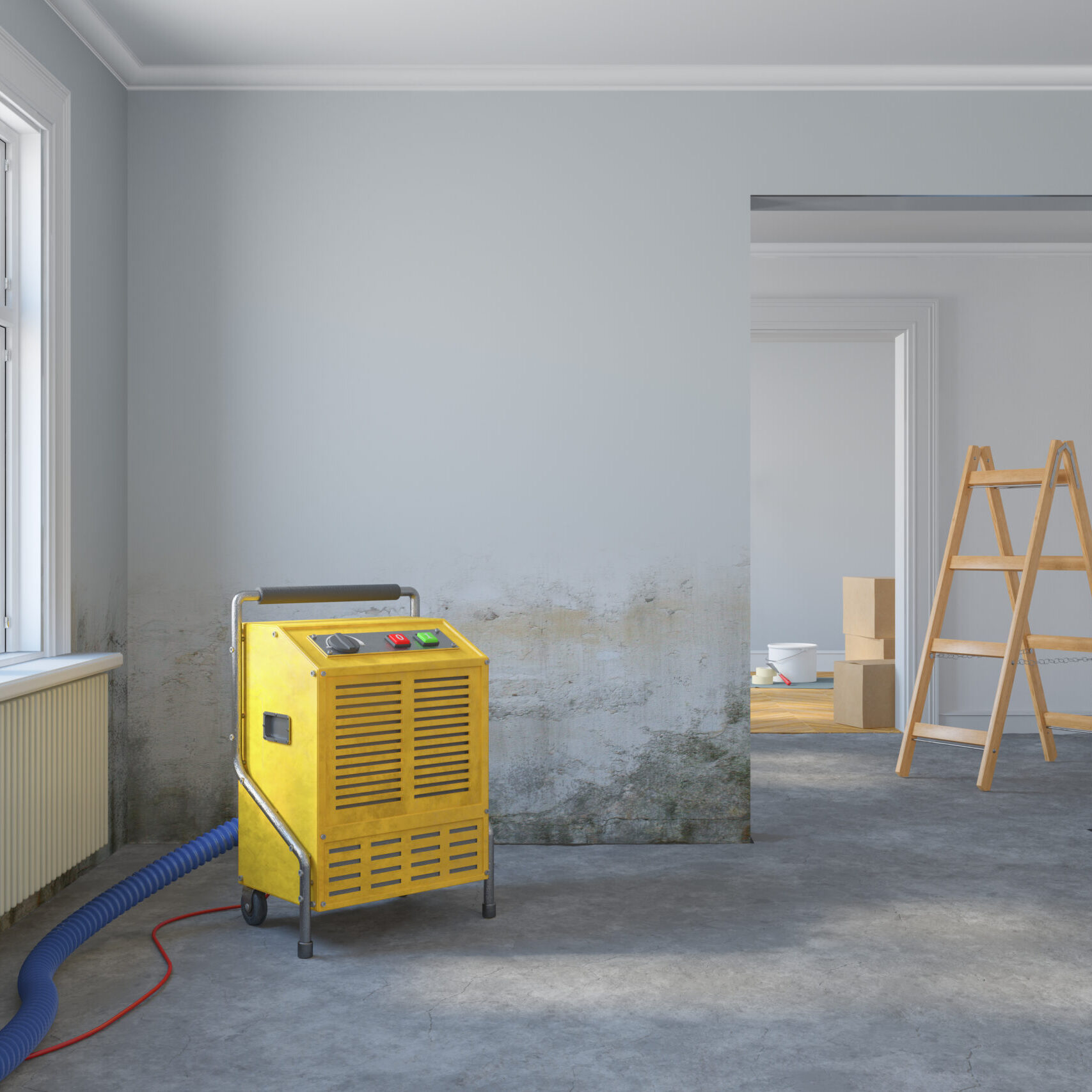 3d Illustration - leere, freie skandinavische Wohnung - Wasserschaden - Bautrockner - renovieren - sanieren - vorrichten - Versicherung